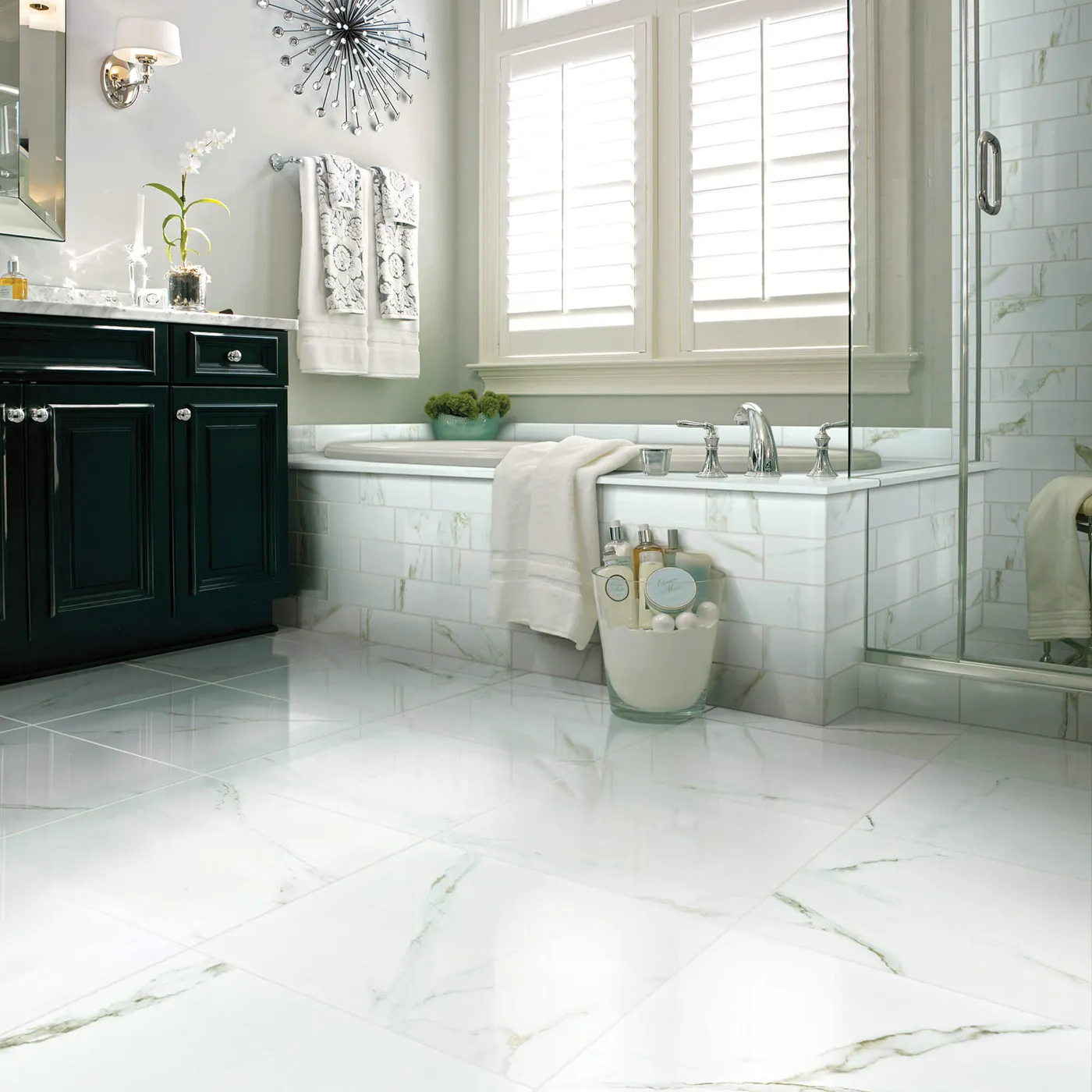 CASINO-POLISHED-CS37V-CASINO4X12-CS35V-CALACATTA-ORO-00121-V Shaw Floors Calacatta Oro polished white marble-look tile in a luxurious bathroom | Donald E. McNabb Flooring