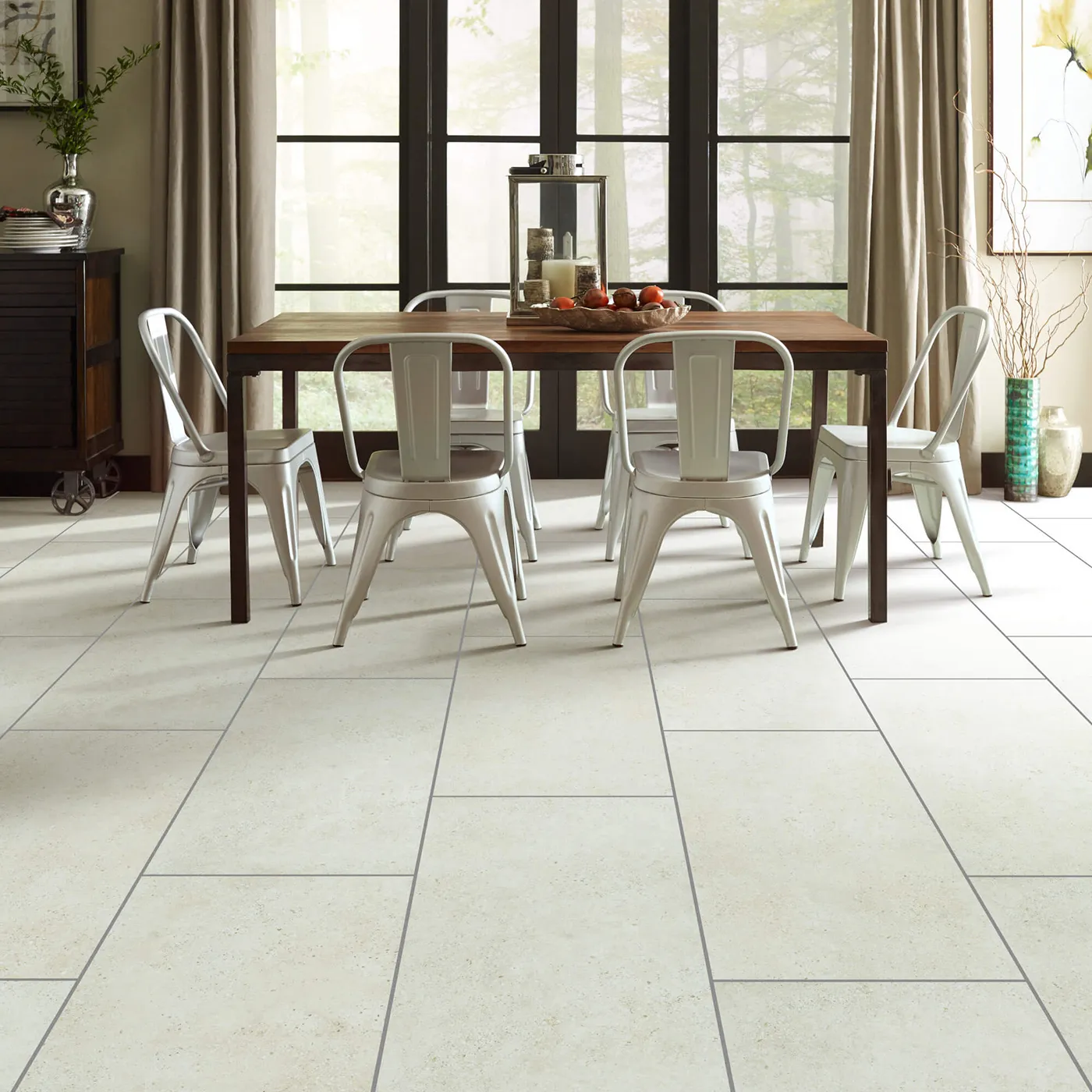 Crete-CS86Q-00100-Avorio-18x36-Sqr Shaw Floors Avorio large rectangular light beige tile in a dining room | Donald E. McNabb Flooring