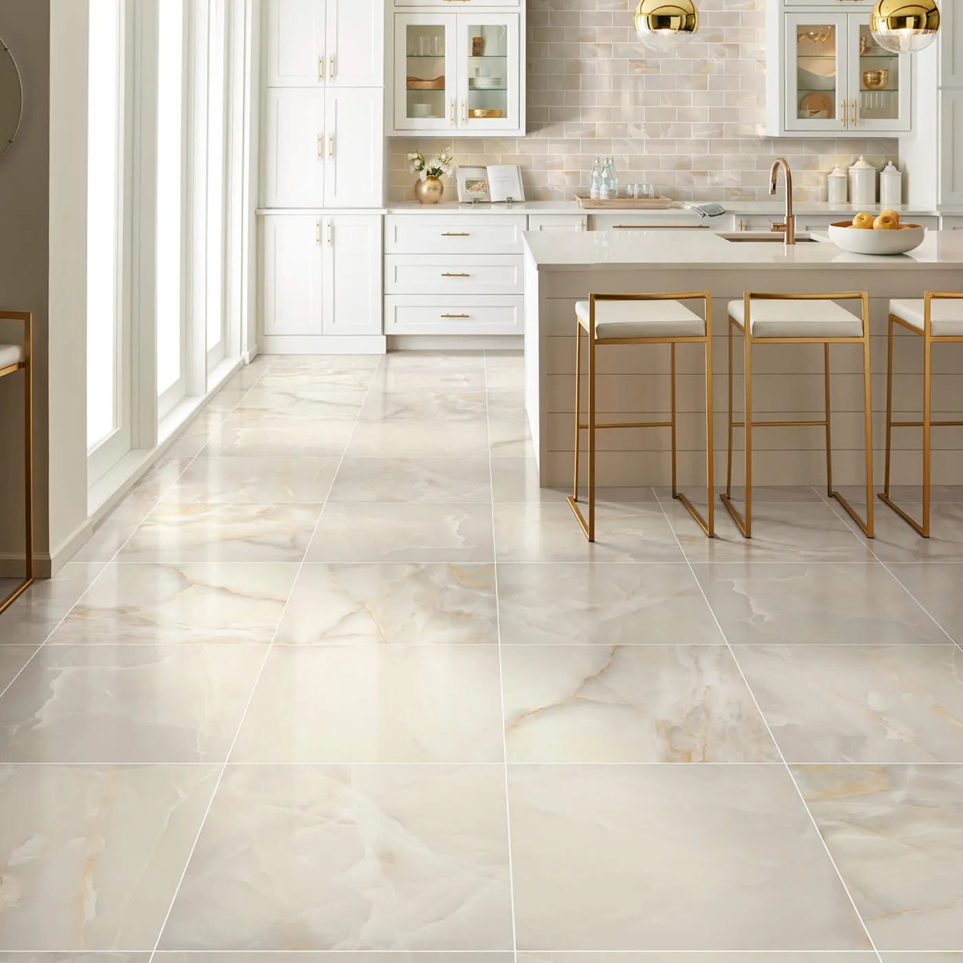 Gemstone-Polished-336TS-00200-Beige-24x24-BrickMosaic-RM-V Shaw Floors Beige polished tile with subtle veining in a white kitchen | Donald E. McNabb Flooring