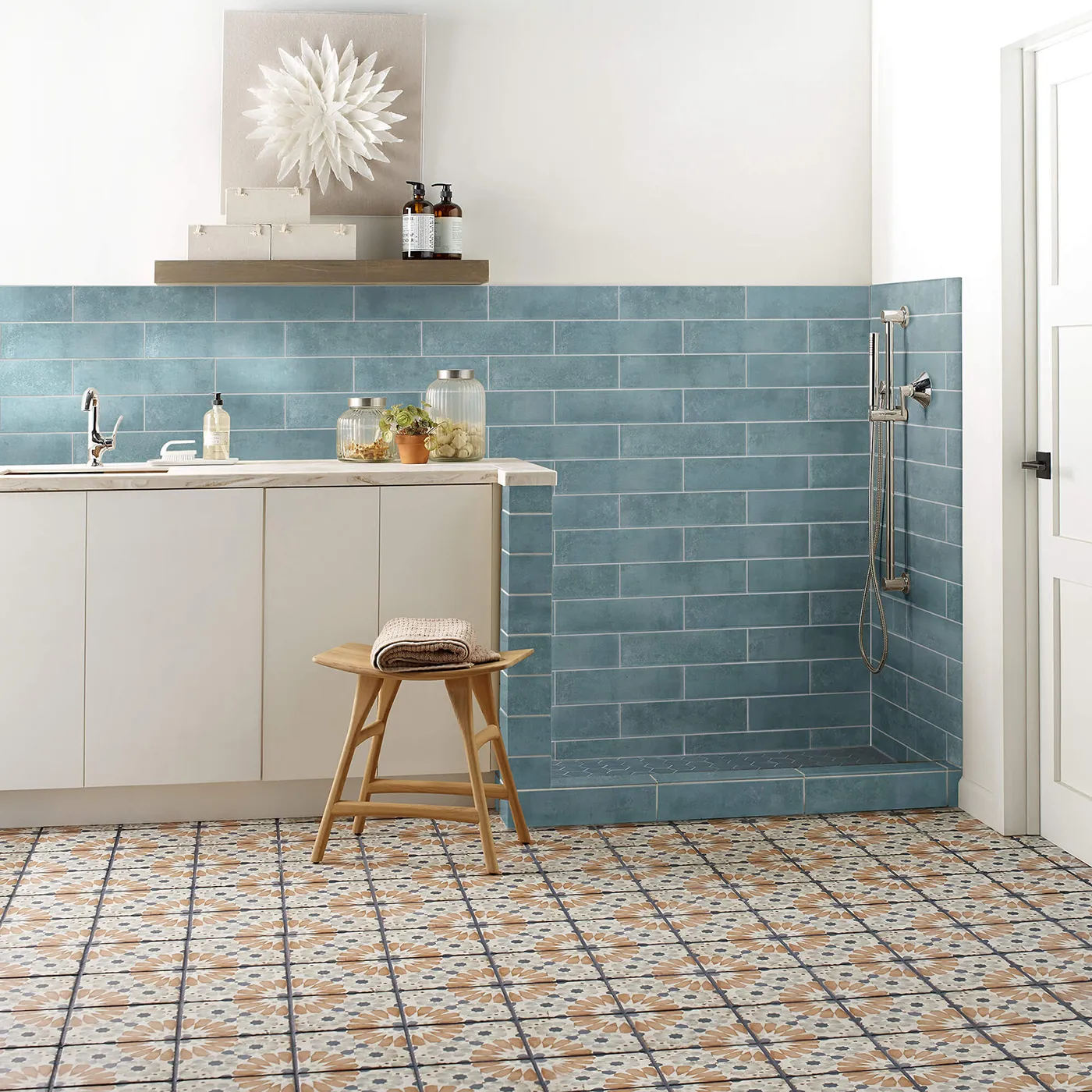 Noble-306TS-00450-Mint-3x12-RM-V Mint blue subway tile on the wall and multi-colored patterned tile on the floor | Donald E. McNabb Flooring